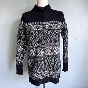 WinterSilks Vintage Fair Isle Black White Wool Cardigan Sweater Ski Lodge Medium